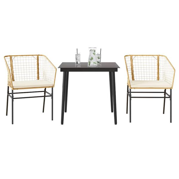 vidaXL 3 Piece Garden Dining Set with Cushions Brown Poly Rattan Glass