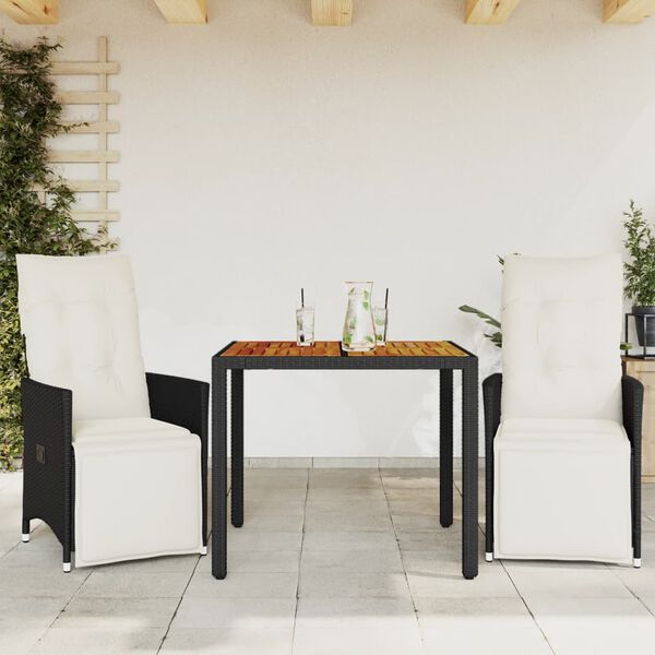 vidaXL 3 Piece Bistro Set with Cushions Black Poly Rattan