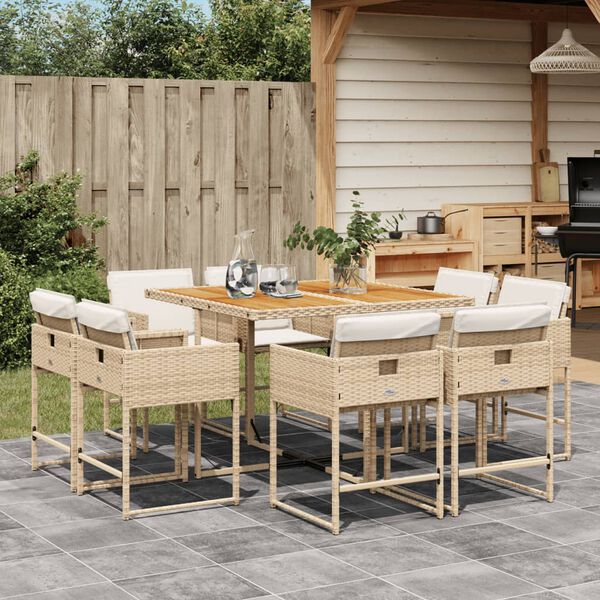 vidaXL 9 Piece Garden Dining Set with Cushions Beige Poly Rattan