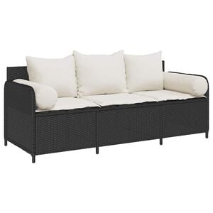 vidaXL Garden Sofa with Cushions 3-Seater Black Poly Rattan