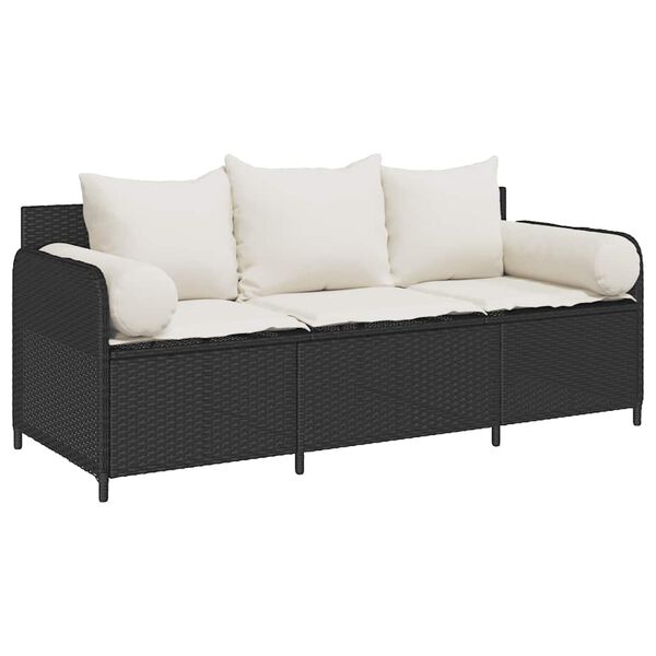 vidaXL Garden Sofa with Cushions 3-Seater Black Poly Rattan