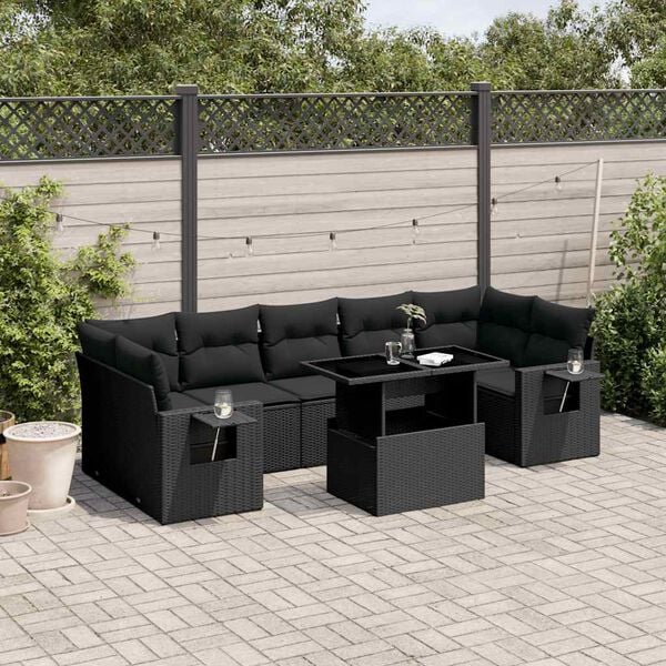 vidaXL 8 Piece Garden Sofa Set with Cushions Black Poly Rattan