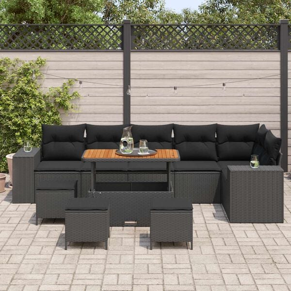 vidaXL Garden Sofa Set with Cushion 10 pcs Black Poly Rattan