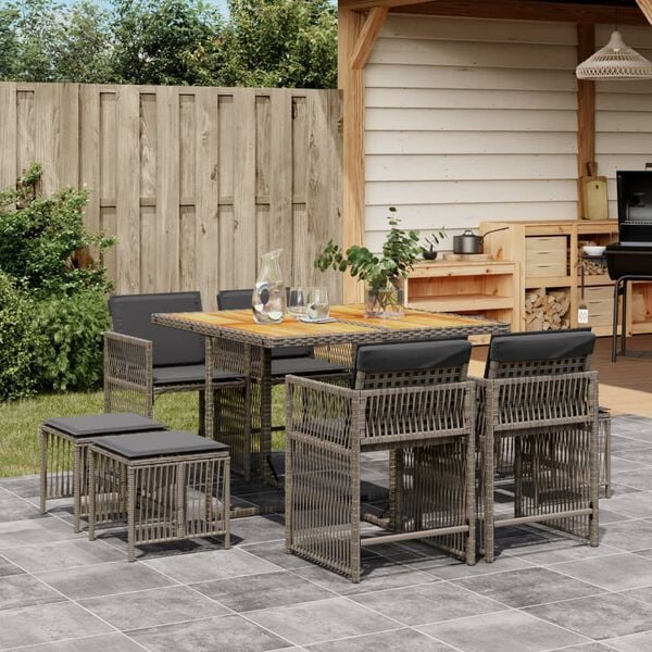 vidaXL 9 Piece Garden Dining Set with Cushions Grey Poly Rattan