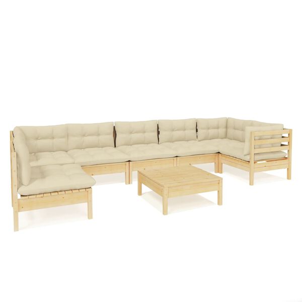 vidaXL 8 Piece Garden Lounge Set with Cream Cushions Pinewood