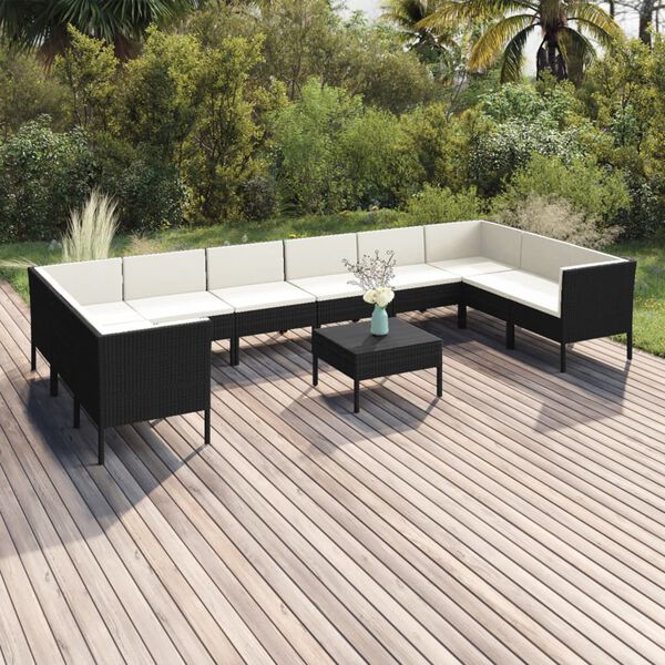 vidaXL 11 Piece Garden Lounge Set with Cushions Poly Rattan Black