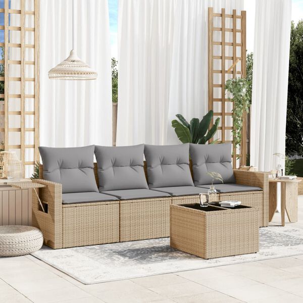 vidaXL 5 Piece Garden Sofa Set with Cushions Beige Poly Rattan