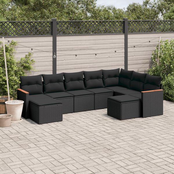 vidaXL 9 Piece Garden Sofa Set with Cushions Black Poly Rattan