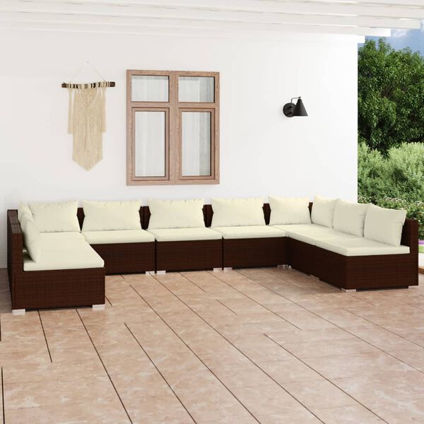 vidaXL 9 Piece Garden Lounge Set with Cushions Poly Rattan Brown