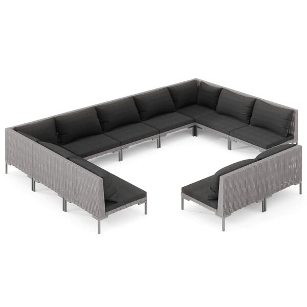 vidaXL 11 Piece Garden Lounge Set with Cushions Poly Rattan Dark Grey