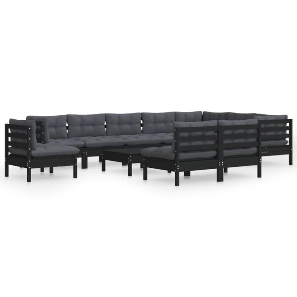 vidaXL 11 Piece Garden Lounge Set with Cushions Black Solid Pinewood