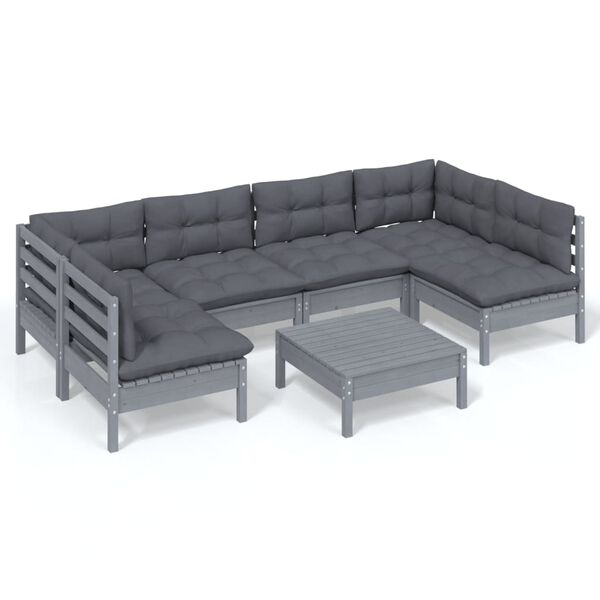 vidaXL 7 Piece Garden Lounge Set with Cushions Grey Solid Pinewood