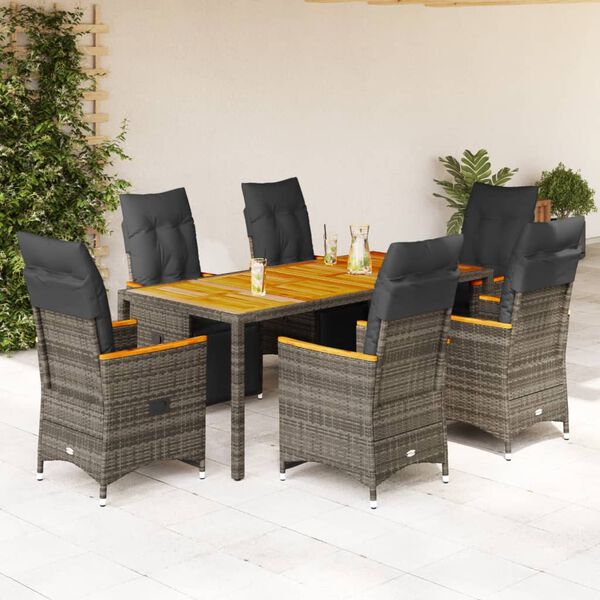 vidaXL 7 Piece Garden Bistro Set with Cushions Grey Poly Rattan