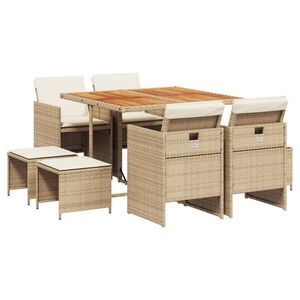 vidaXL 9 Piece Garden Dining Set with Cushions Beige Poly Rattan
