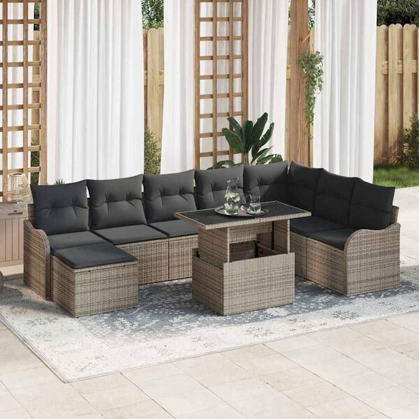 vidaXL Garden Sofa Set with Cushion 9 pcs Grey Poly rattan
