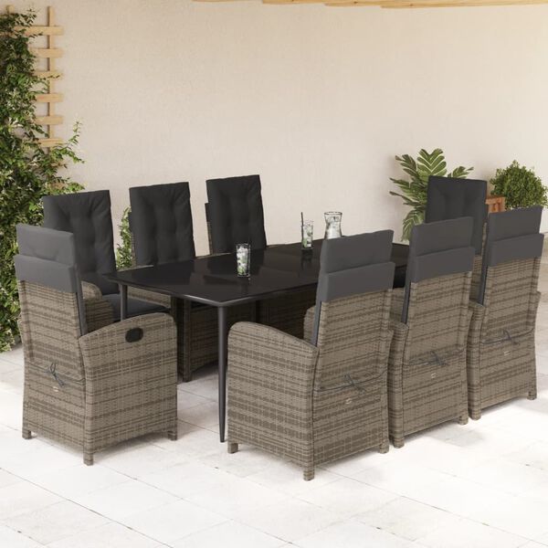 vidaXL 9 Piece Garden Dining Set with Cushions Grey Poly Rattan
