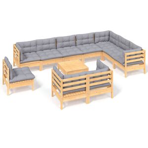 vidaXL 11 Piece Garden Lounge Set with Grey Cushions Solid Pinewood