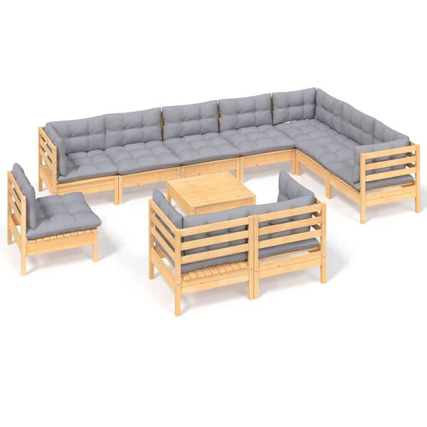 vidaXL 11 Piece Garden Lounge Set with Grey Cushions Solid Pinewood