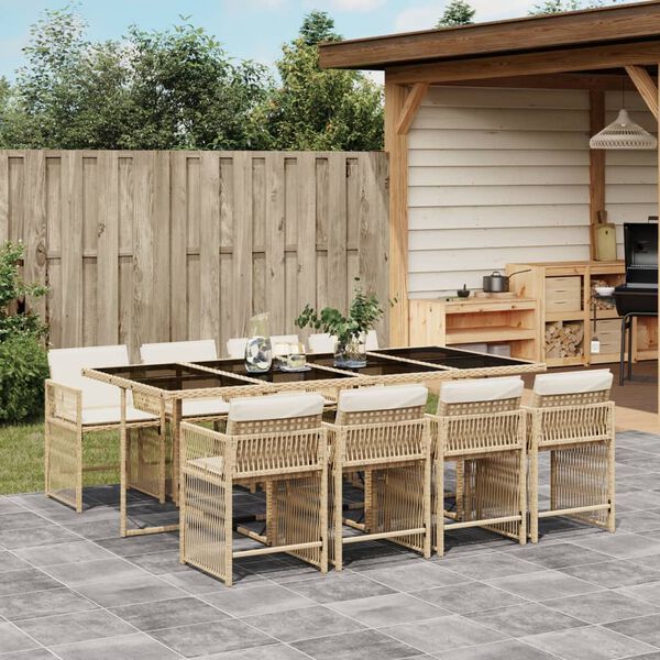 vidaXL 9 Piece Garden Dining Set with Cushions Beige Poly Rattan