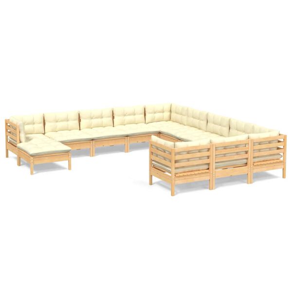 vidaXL 12 Piece Garden Lounge Set with Cream Cushions Pinewood