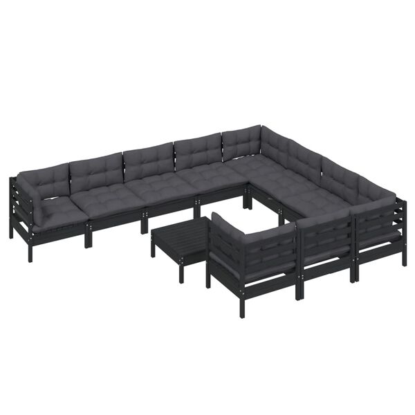 vidaXL 11 Piece Garden Lounge Set with Cushions Black Pinewood