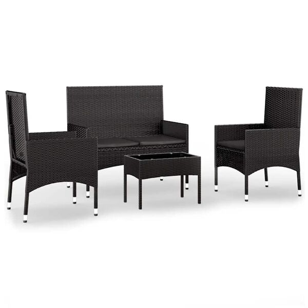 vidaXL 4 Piece Garden Lounge Set with Cushions Black Poly Rattan