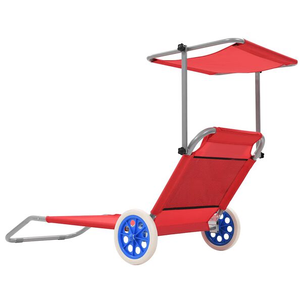 vidaXL Folding Sun Lounger with Canopy and Wheels Steel Red