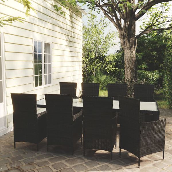 vidaXL 9 Piece Outdoor Dining Set with Cushions Poly Rattan Black