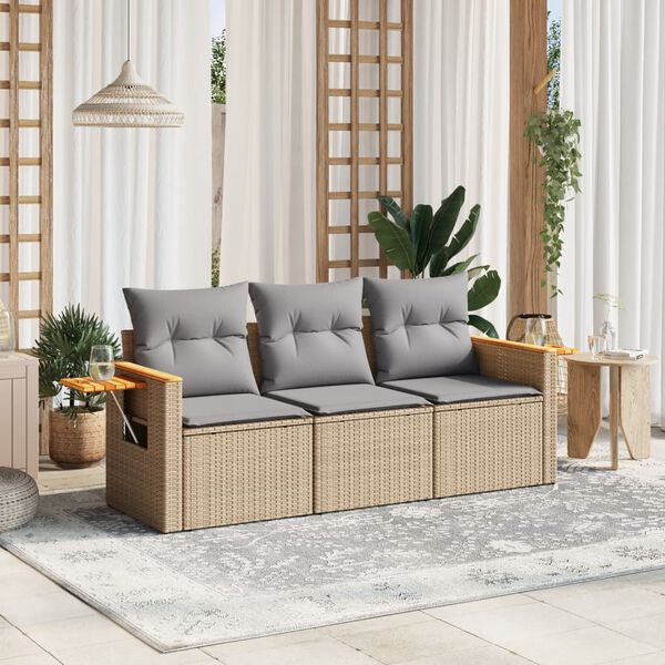 vidaXL 3 Piece Garden Sofa Set with Cushions Beige Poly Rattan