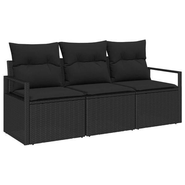 vidaXL Garden Sofa Set with Cushion 3 pcs Black Poly Rattan