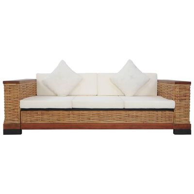 vidaXL 3-Seater Sofa with Cushions Brown Natural Rattan