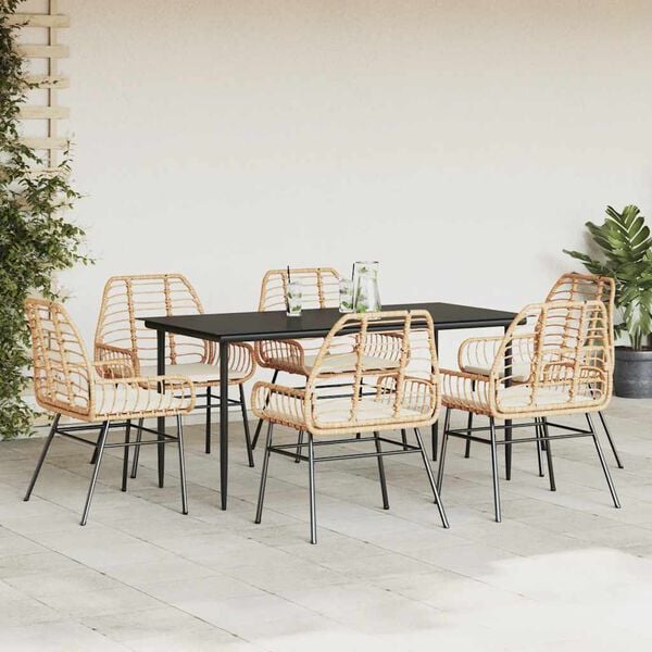 vidaXL 7 Piece Garden Dining Set with Cushions Brown Poly Rattan Glass