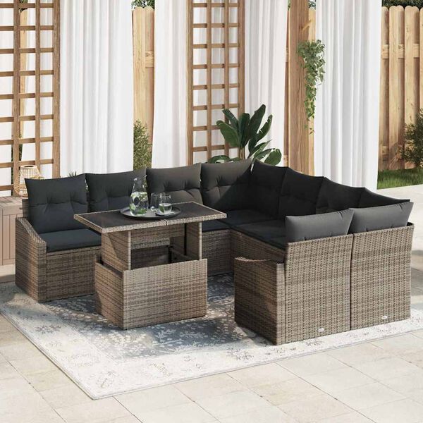 vidaXL Garden Sofa Set with Storage 9 pcs Grey Poly rattan