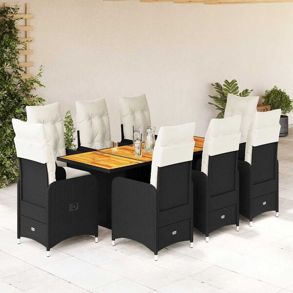 vidaXL 9 Piece Garden Bistro Set with Cushions Black Poly Rattan