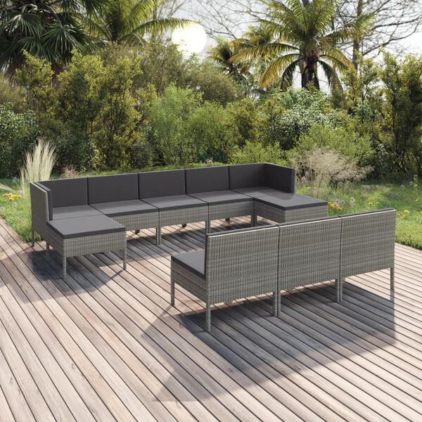 vidaXL 10 Piece Garden Lounge Set with Cushions Poly Rattan Grey
