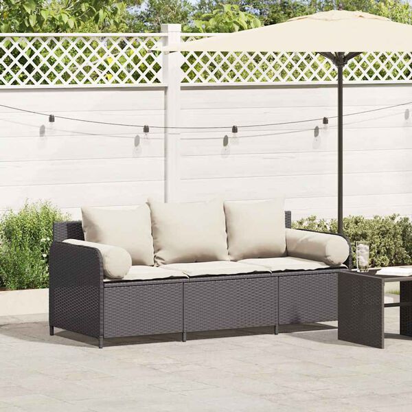 vidaXL Garden Sofa with Cushions 3-Seater Black Poly Rattan