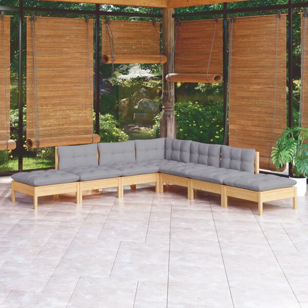 vidaXL 7 Piece Garden Lounge Set with Grey Cushions Pinewood