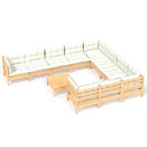 vidaXL 11 Piece Garden Lounge Set with Cream Cushions Pinewood