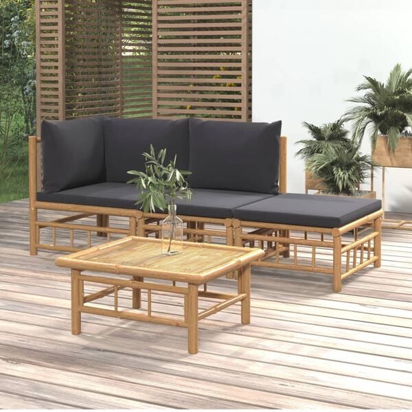 vidaXL 4 Piece Garden Lounge Set with Dark Grey Cushions Bamboo