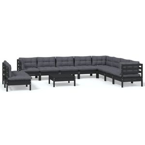 vidaXL 11 Piece Garden Lounge Set with Cushions Black Solid Pinewood