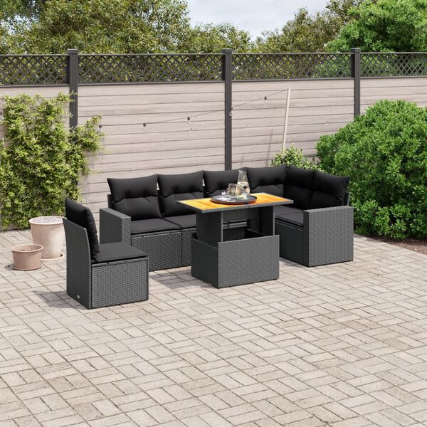 vidaXL 7 Piece Garden Sofa Set with Cushions Black Poly Rattan