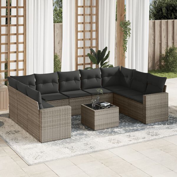 vidaXL 10 Piece Garden Sofa Set with Cushions Grey Poly Rattan