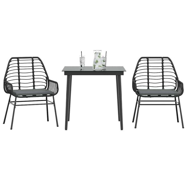 vidaXL 3 Piece Garden Dining Set with Cushions Black Poly Rattan Glass