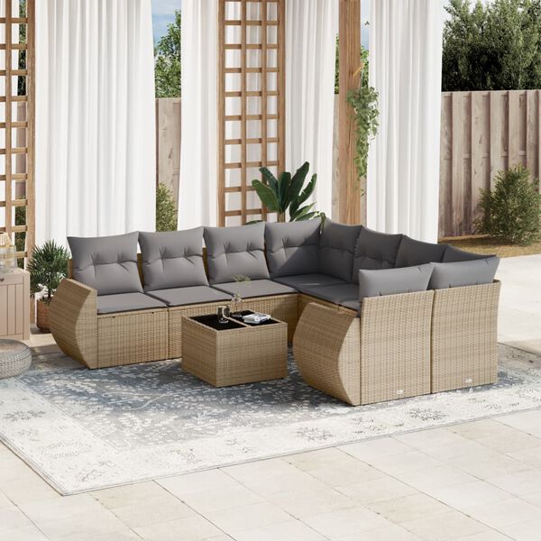 vidaXL 9 Piece Garden Sofa Set with Cushions Beige Poly Rattan
