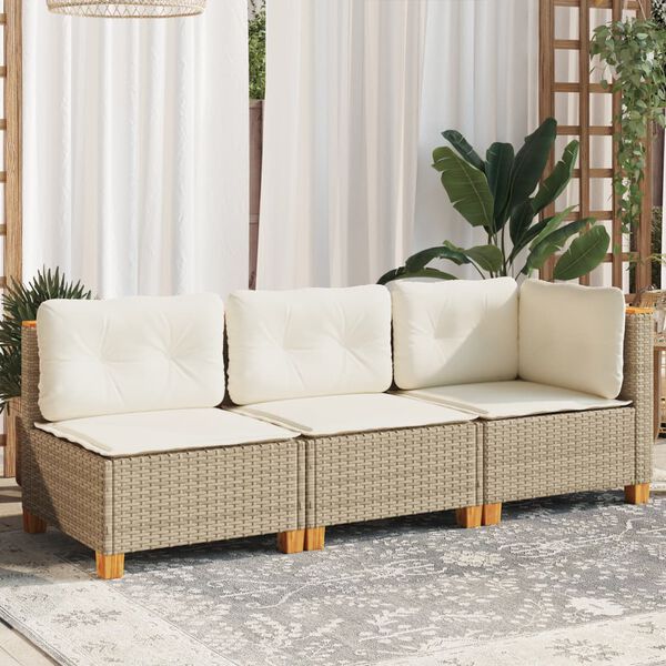 vidaXL Garden Sofa with Cushions 3-Seater Beige Poly Rattan