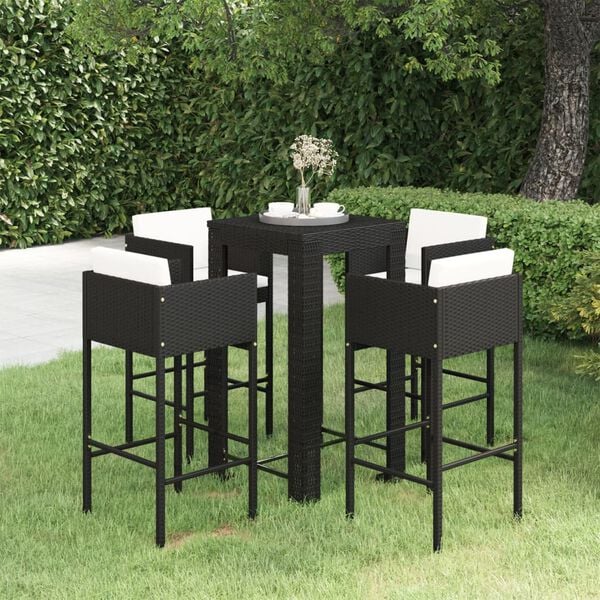 vidaXL 5 Piece Garden Bar Set with Cushions Poly Rattan Black