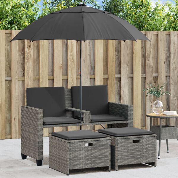 vidaXL Garden Sofa 2-Seater with Parasol and Stools Grey Poly Rattan