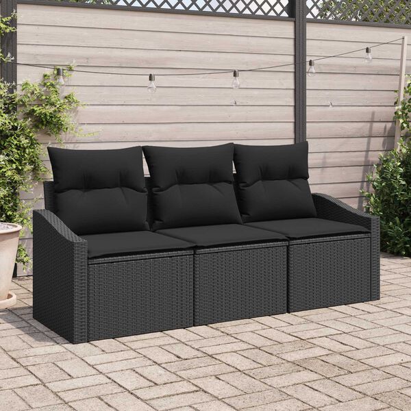 vidaXL Garden Sofa Set with Cushion 3 pcs Black Poly Rattan