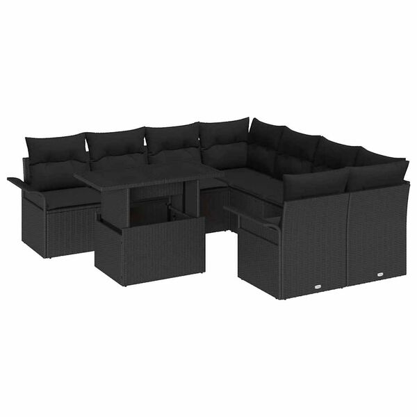 vidaXL Garden Sofa Set with Cushion 9 pcs Black Poly rattan