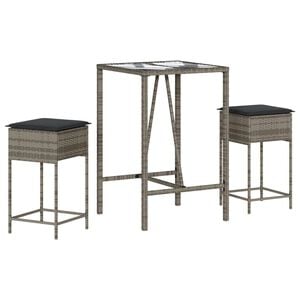 vidaXL 3 Piece Garden Bar Set with Cushions Grey Poly Rattan
